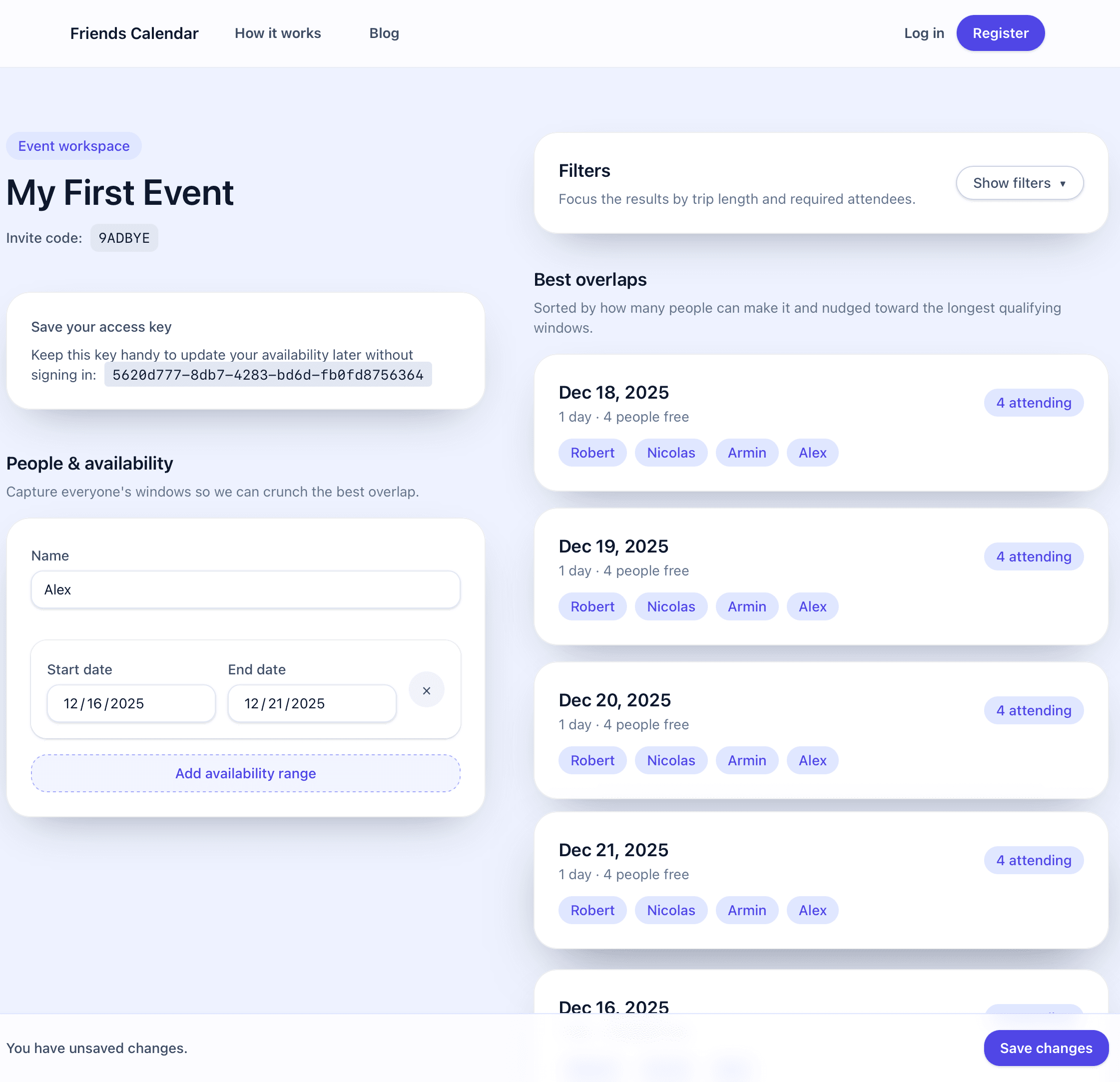 Screenshot showing availability input form