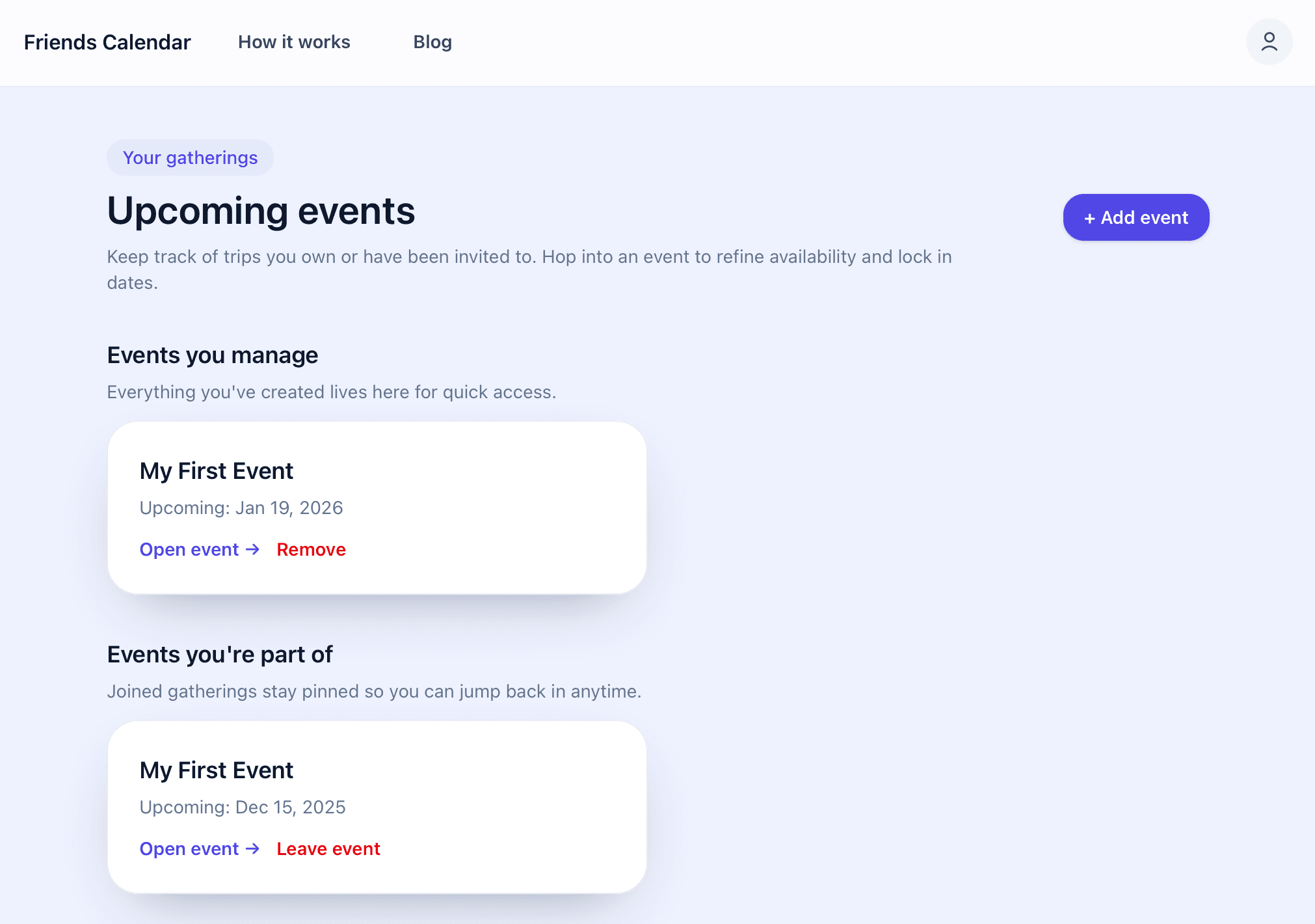 Screenshot showing the user dashboard with events