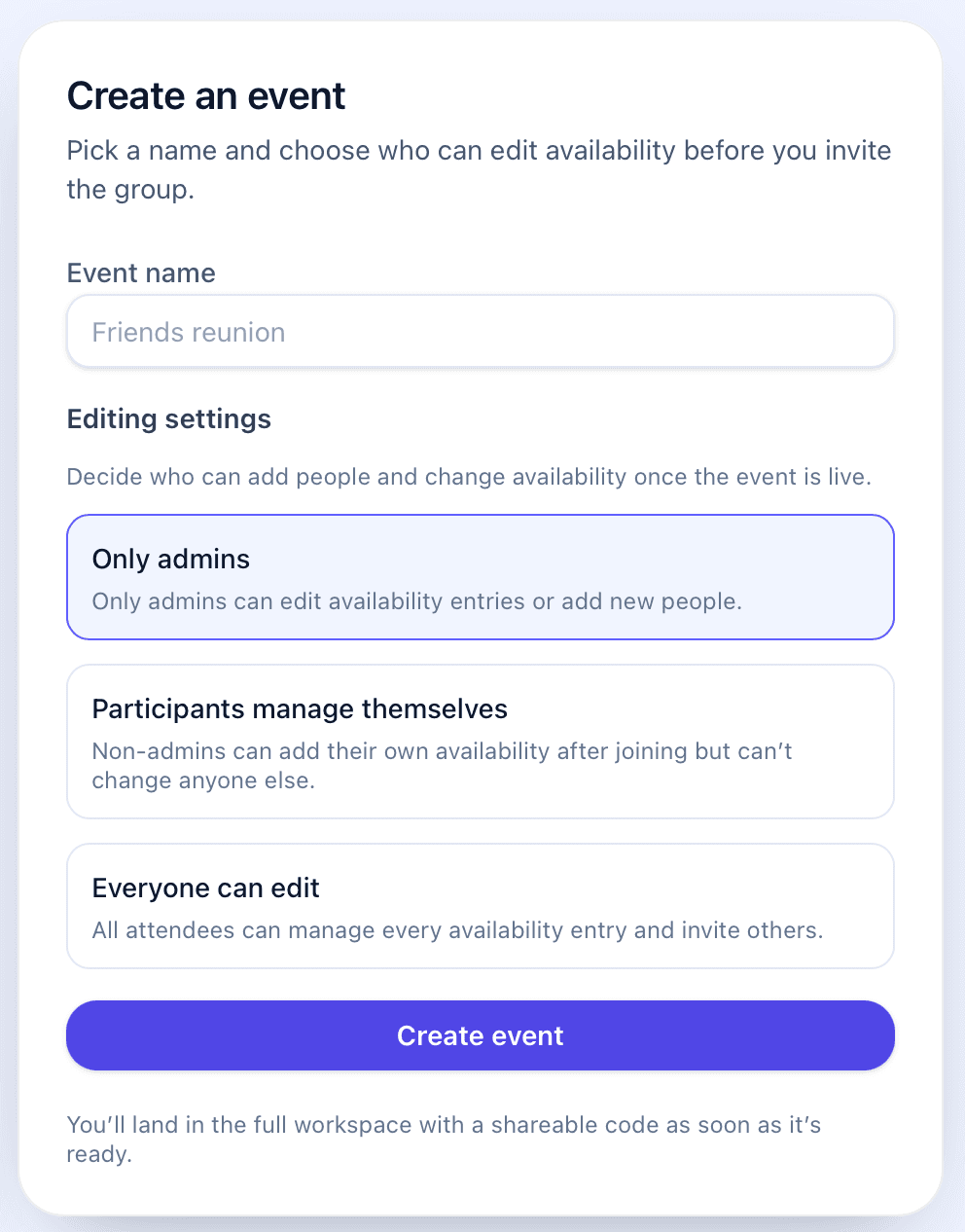 Screenshot showing the three event editing settings