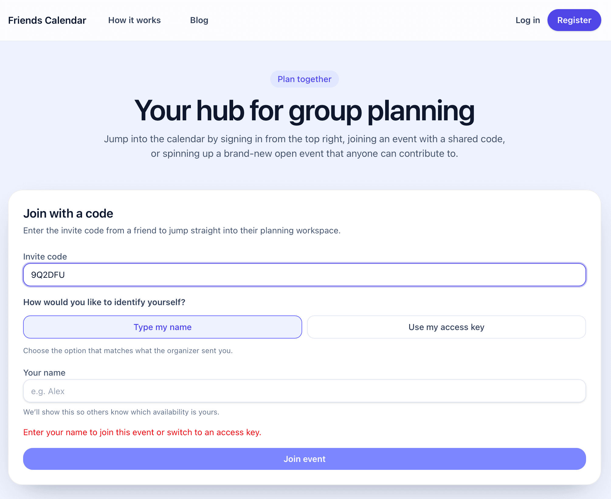 Screenshot showing the join-with-code screen