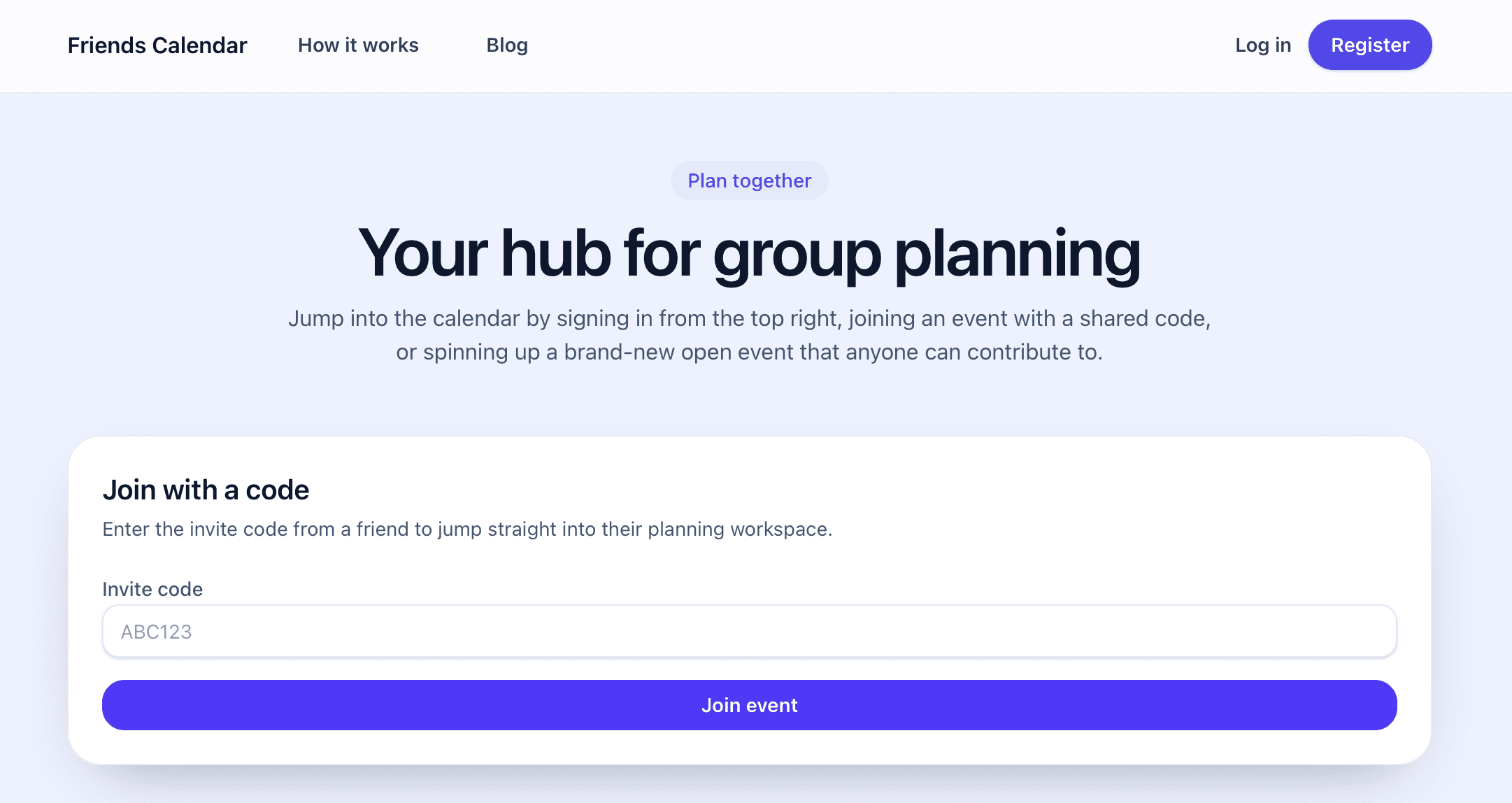 Landing page screenshot with login and join-by-code options