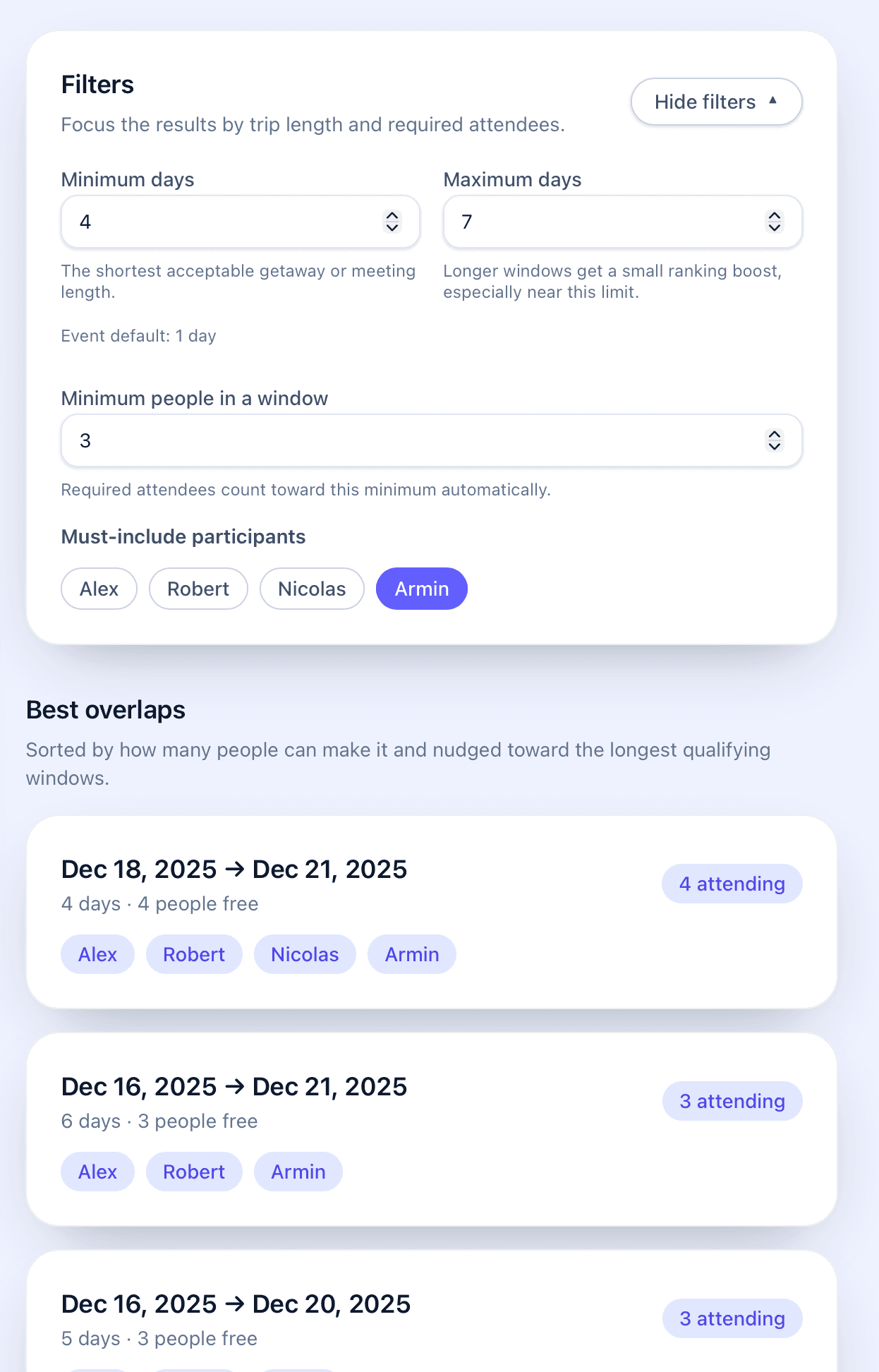 Screenshot showing list of best overlaps with participants